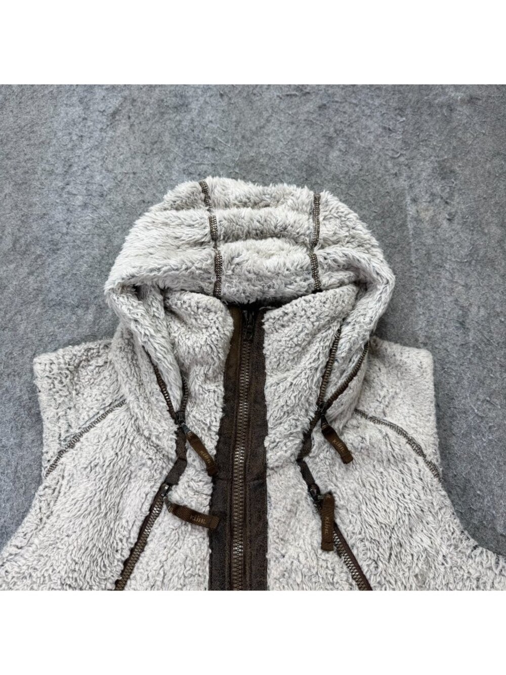 Kuhl Flight Vest Womens Medium Hood Beige Deep Pile Sherpa Fleece Full Zip